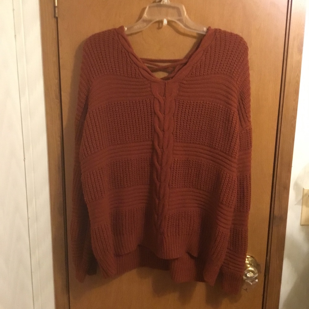 Rust Brown Cable Knit Sweater Women's Long Sleeve V Neck XL